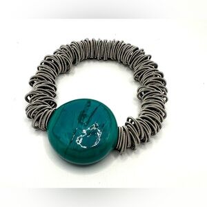 Modern Artisan Stainless Steel Piano Wire Bracelet with Aqua Bead